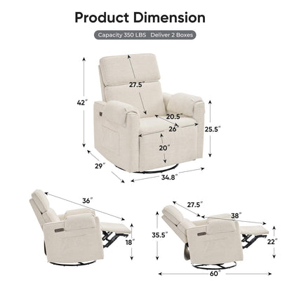 Rhevoy Oversized Power Recliner Chair, 26" Extra Wide Swivel Rocker Recliner with Adjustable Headrest, Chenille Glider Rocking Nursery Chair with Overstuffed Armrest, USB Ports, White