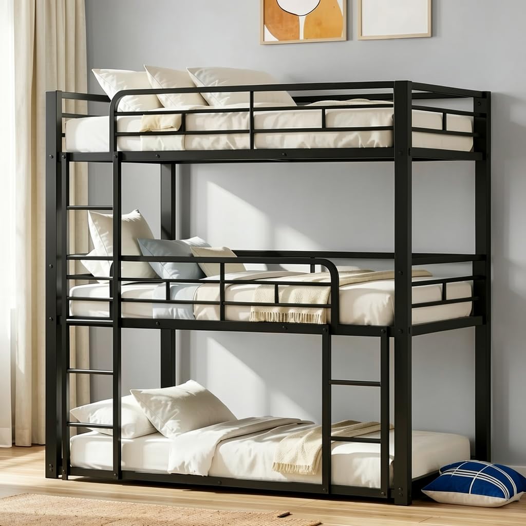 Mixcous Heavy Duty Triple Bunk Bed, Twin Over Twin Over Twin Metal Bunkbeds with Ladder, Family-Friendly for All Ages, Bedroom, No Box Spring Needed, Easy Assembly, Black