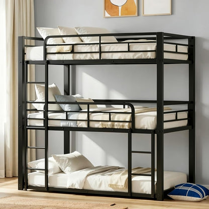 Mixcous Heavy Duty Triple Bunk Bed, Twin Over Twin Over Twin Metal Bunkbeds with Ladder, Family-Friendly for All Ages, Bedroom, No Box Spring Needed, Easy Assembly, Black