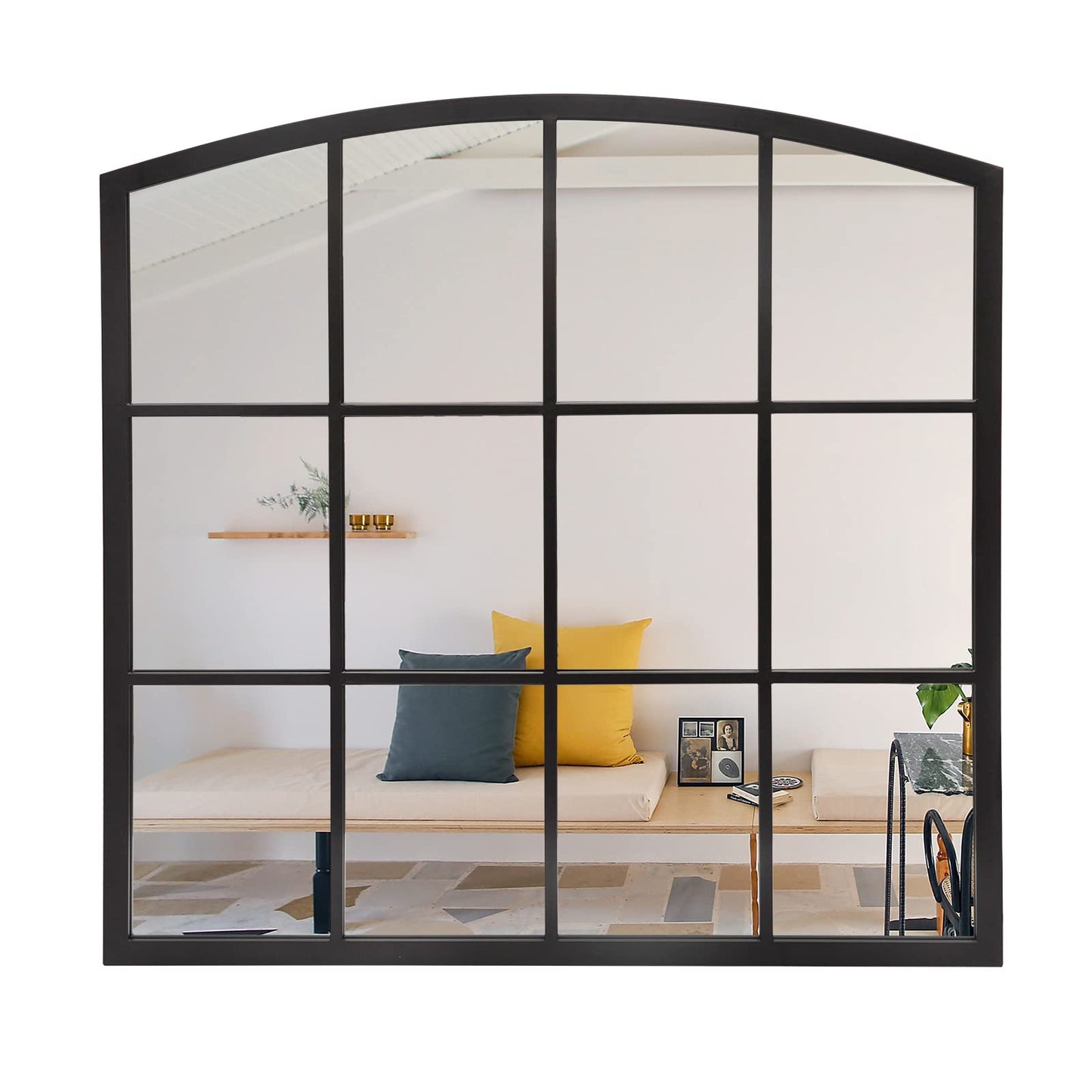 GIFTTROVE 36 Inch Arched Window Mirror, Matte Black Metal Frame Decorative Mirror, Grid Wall Mirrors for Living Room, Bedroom, Entryway