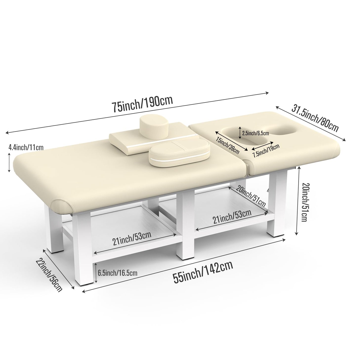pouseayar Stationary Massage Table, 75”L 31.5''W Heavy Duty Esthetician Bed, 800LBS Metal Frame PU Leather Physical Therapy Table Spa Lash Bed Professional Equipment (Beige Grey)