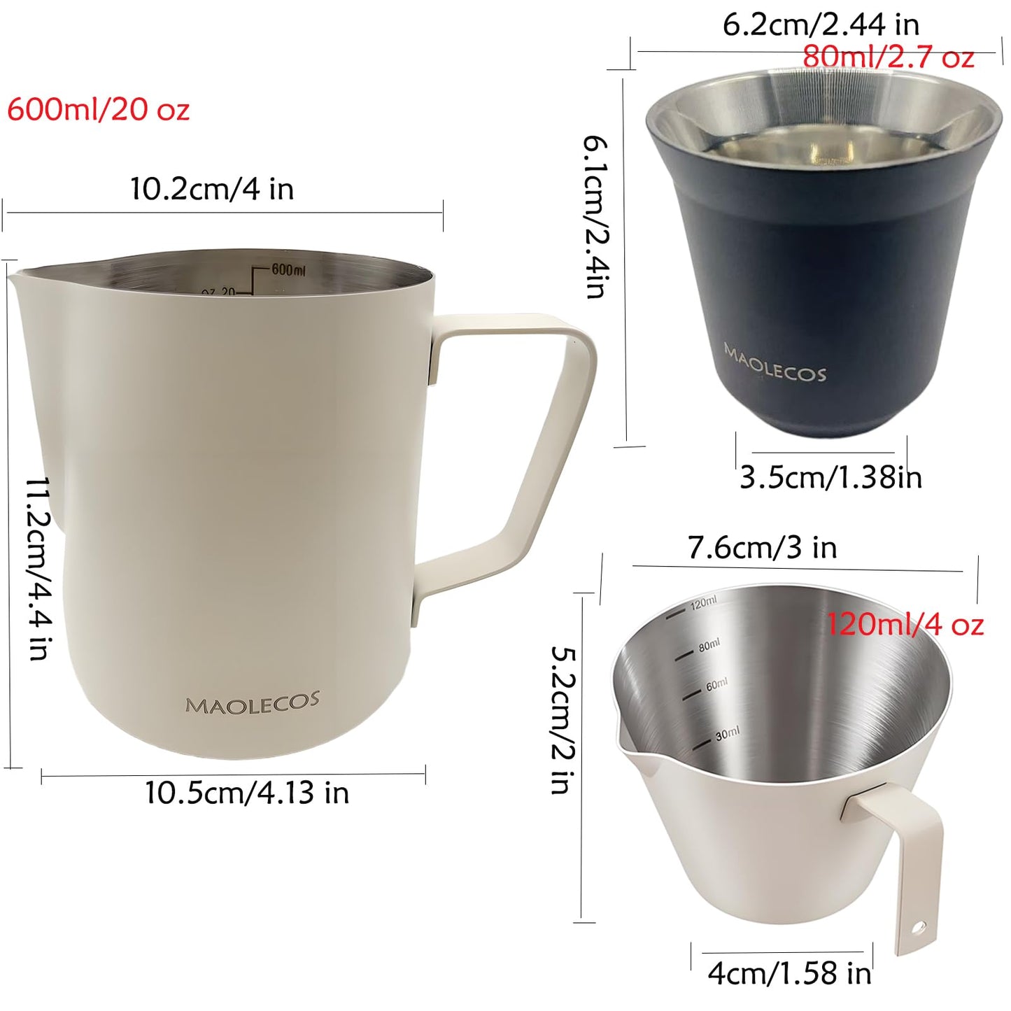 MAOLECOS Milk Frothing Pitcher - 20 OZ Metal Milk Frother Pitcher Jug Stainless Steel Steaming Pitcher, Espresso Measuring Cups with Handle Scale, Stainless Steel Espresso Cups Kit for Coffee maker