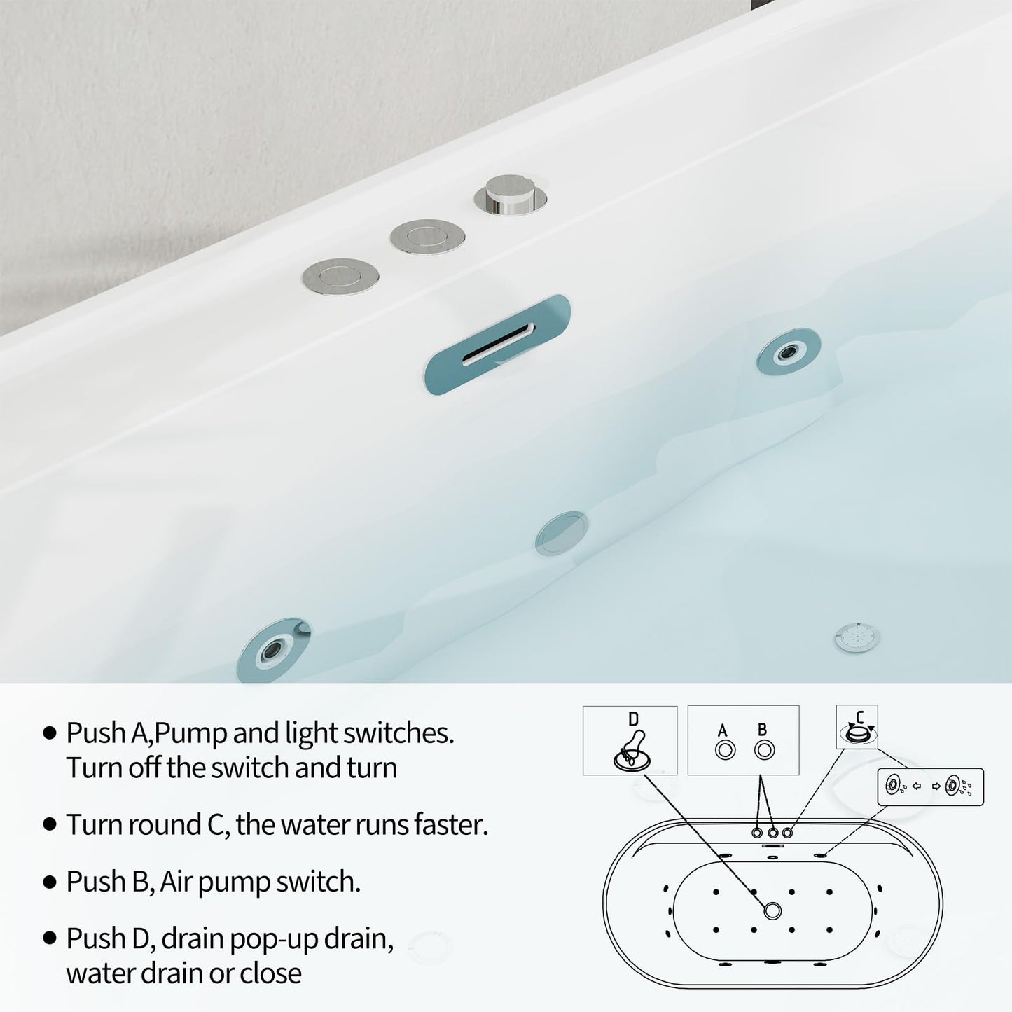 Jet Massage Freestanding Bathtub 71 inch Acrylic Soaking Tub with Bubble Jets and Manual Air Adjustment, Home Spa Bath for Relaxing Deep Water Massage