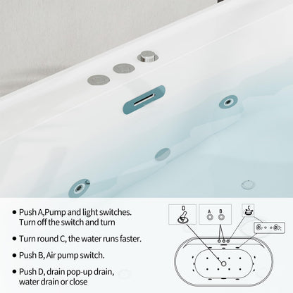 Jet Massage Freestanding Bathtub 71 inch Acrylic Soaking Tub with Bubble Jets and Manual Air Adjustment, Home Spa Bath for Relaxing Deep Water Massage