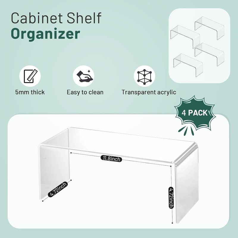 HTRYBNES 4 Packs Kitchen Cabinet Shelf Organizer, Acrylic Clear Shelf Riser, 5mm Thick Spice Rack for Dishes, Soda Cans and Cup（11.8 x 4.72 x 4.72 Inch）