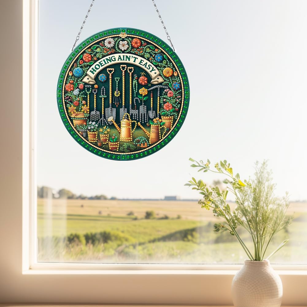 C'eitura 2D Flat DIY Flower Garden Tools -Hoeing ain;t Easy Diamond Art Painting Window Hanging Art,Crystal Diamond Gem Art Suncatchers Painting Pendant for Home Wall Decor