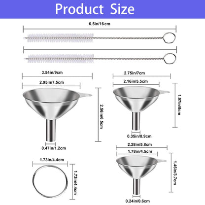 Kitchen Funnels Set for Bottles, 3pc Small/Medium/Large Stainless Steel Metal Funnels with 2 Cleaning Brushes