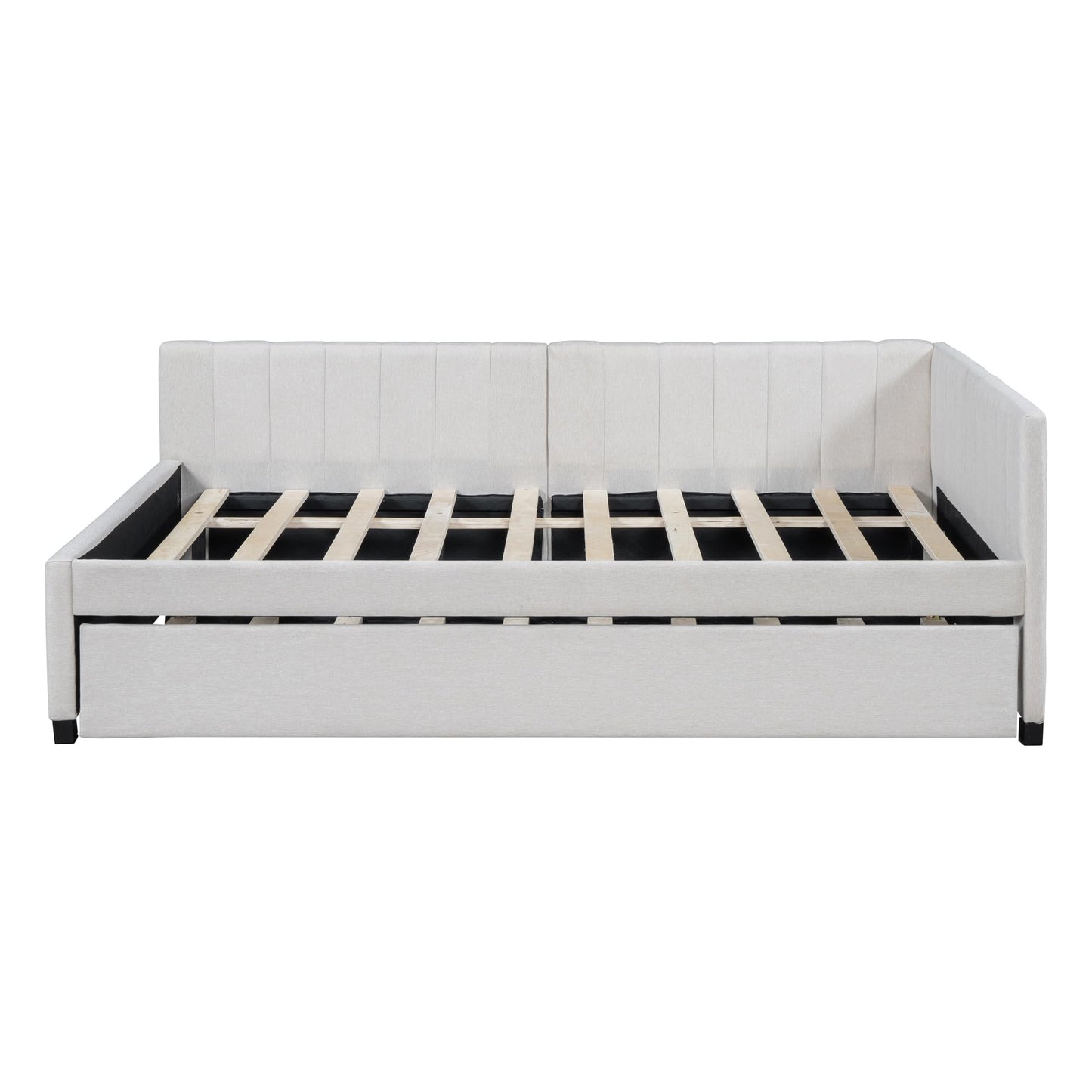 PVWIIK Full Size Upholstered DayBed with Trundle & Modern Style for Adult,Kids,Bedroom,L-Shaped Bedframe,Beige