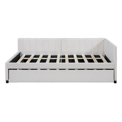 PVWIIK Full Size Upholstered DayBed with Trundle & Modern Style for Adult,Kids,Bedroom,L-Shaped Bedframe,Beige