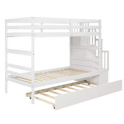 Twin Over Twin Bunk Bed with Trundle,Solid Wood Bunk Beds with Storage Stairs,Bunk Bed Twin Size with Stairs for Kids,Teens,Adults,White