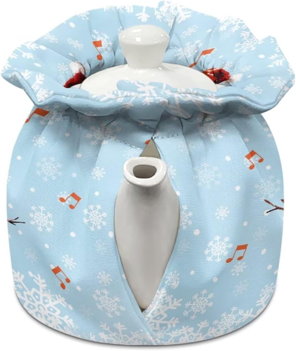 Blue Snowman and Red Music Tea Cosy, Soft Fabric Dustproof Tea Pot Cozies for Home Kitchen