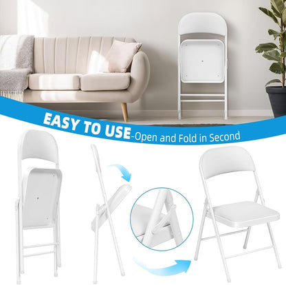 VISTACASA 12 Pack Padded Folding Chairs, Heavy Duty Metal Frame with PU Leather Seat & Back, 350 lbs Capacity Portable Stackable Indoor Outdoor Chairs for Party Wedding Office(White, 12 Pack)