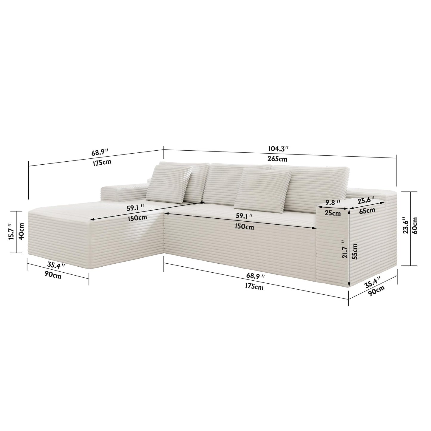 KEIKI 104.3" Modular Sectional Sofa, Compressed Upholstered Sleeper Sofa, Plush Corduroy Cloud Sofa for Living Room, Apartment, Bedroom, Free Combination, No Assembly, Right Chaise, White