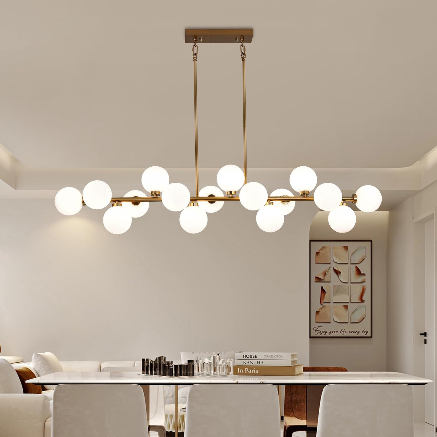 Besytal 55" Brass Linear Chandelier, 16 Lights Mid Century Modern Sputnik Chandelier, Large Pendant Lights Kitchen Island with White Glass Lampshade, Bubble Chandelier for Kitchen Over Table - Gold