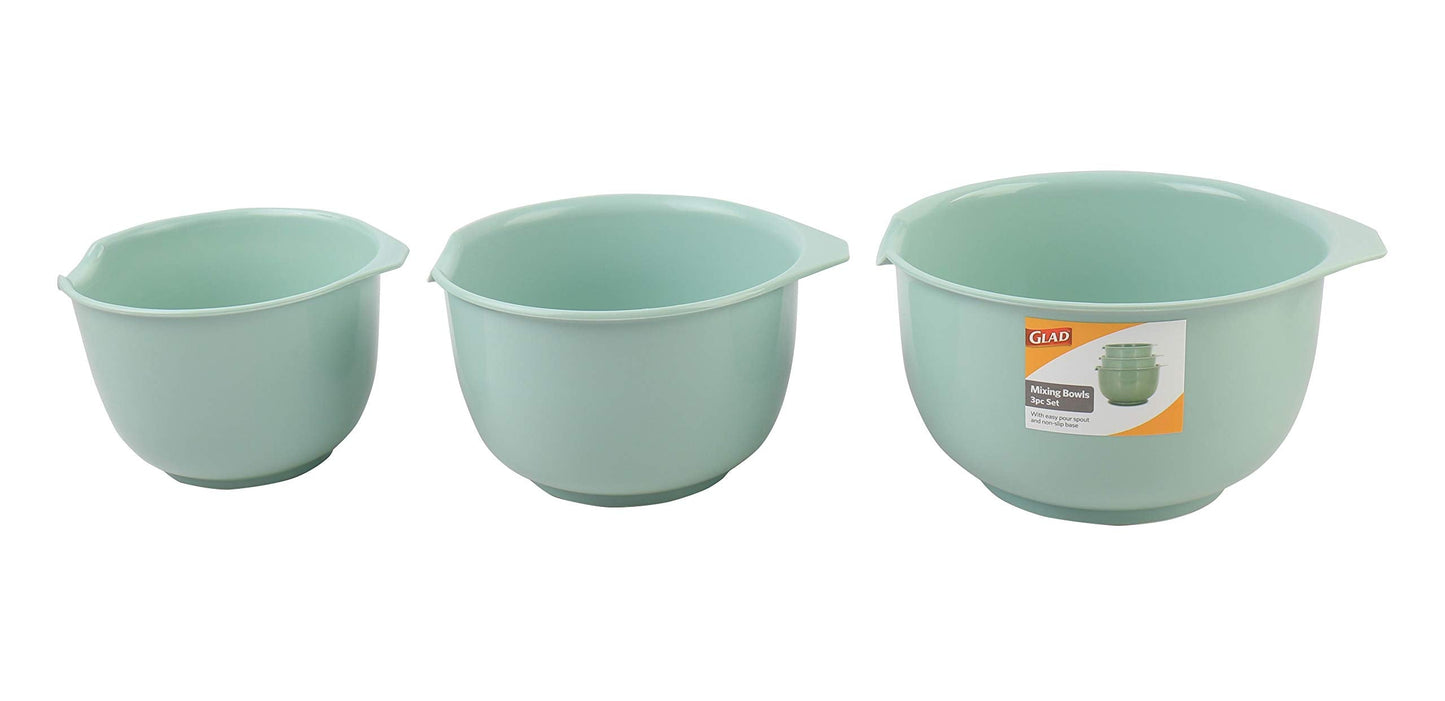 Glad Mixing Bowls with Pour Spout, Set of 3 | Nesting Design Saves Space | Non-Slip, BPA Free, Dishwasher Safe Plastic | Kitchen Cooking and Baking Supplies, Sage Green