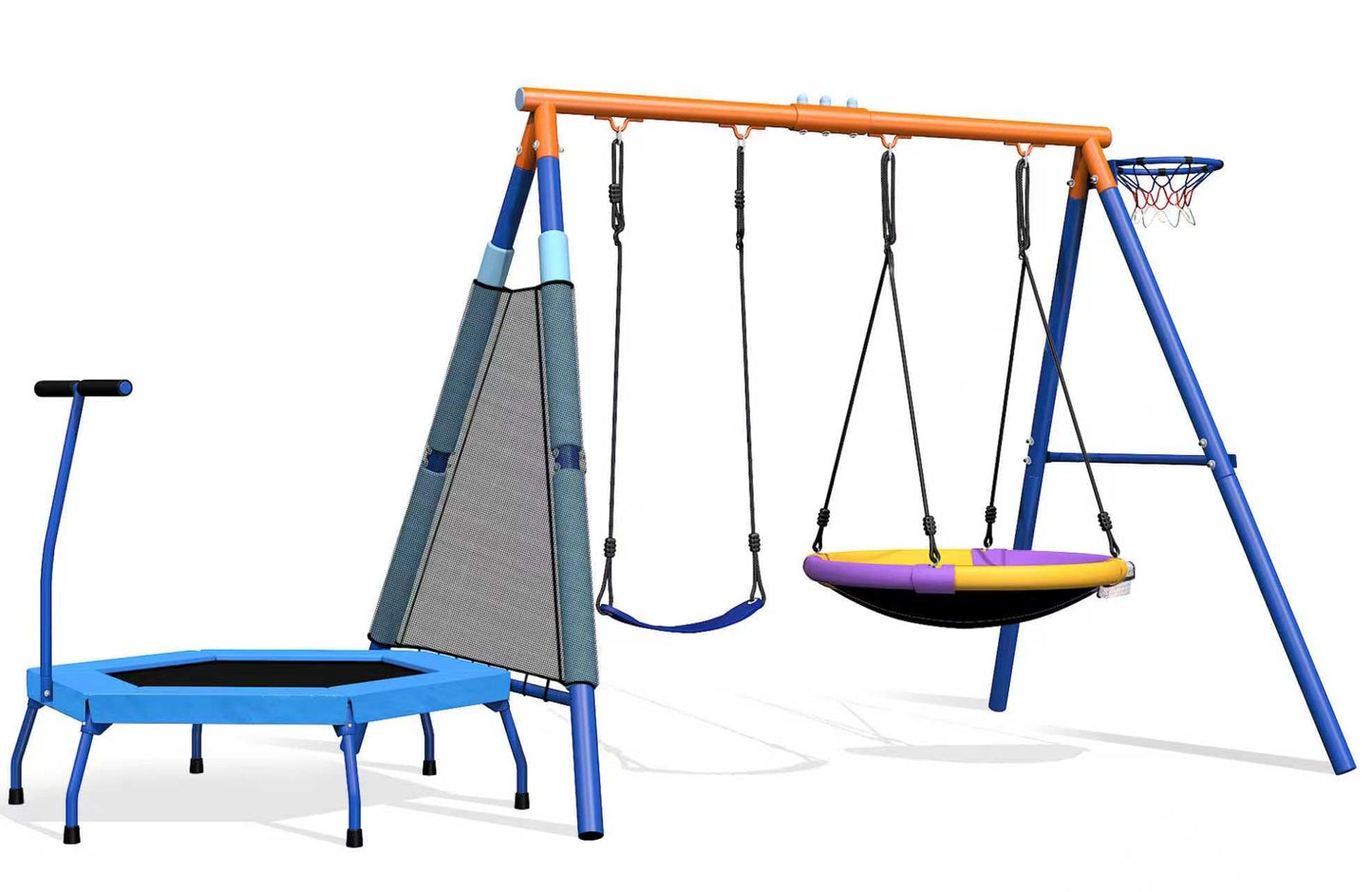 5-in-1 Kids Swing Sets for Backyard with Trampoline, 880lbs Heavy-Duty A-Frame Stand Metal Outdoor with 32 inch Saucer & Belt Swing, 55 inch Trampoline, Basketball Hoop, Led Light & Anchors