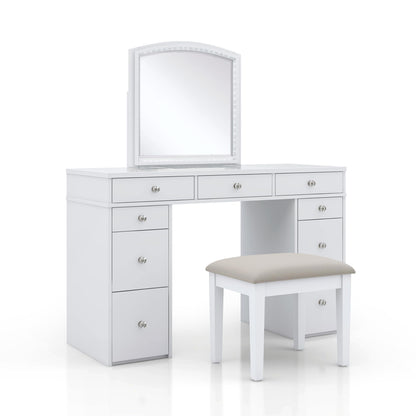 24/7 Shop at Home Juno Modern White Vanity Desk with Mirror and LED Lights, Makeup Table with 9 Drawers, Upholstered Stool with Wood Legs, Bedroom Furniture Set, Dressing Room, Youth Room