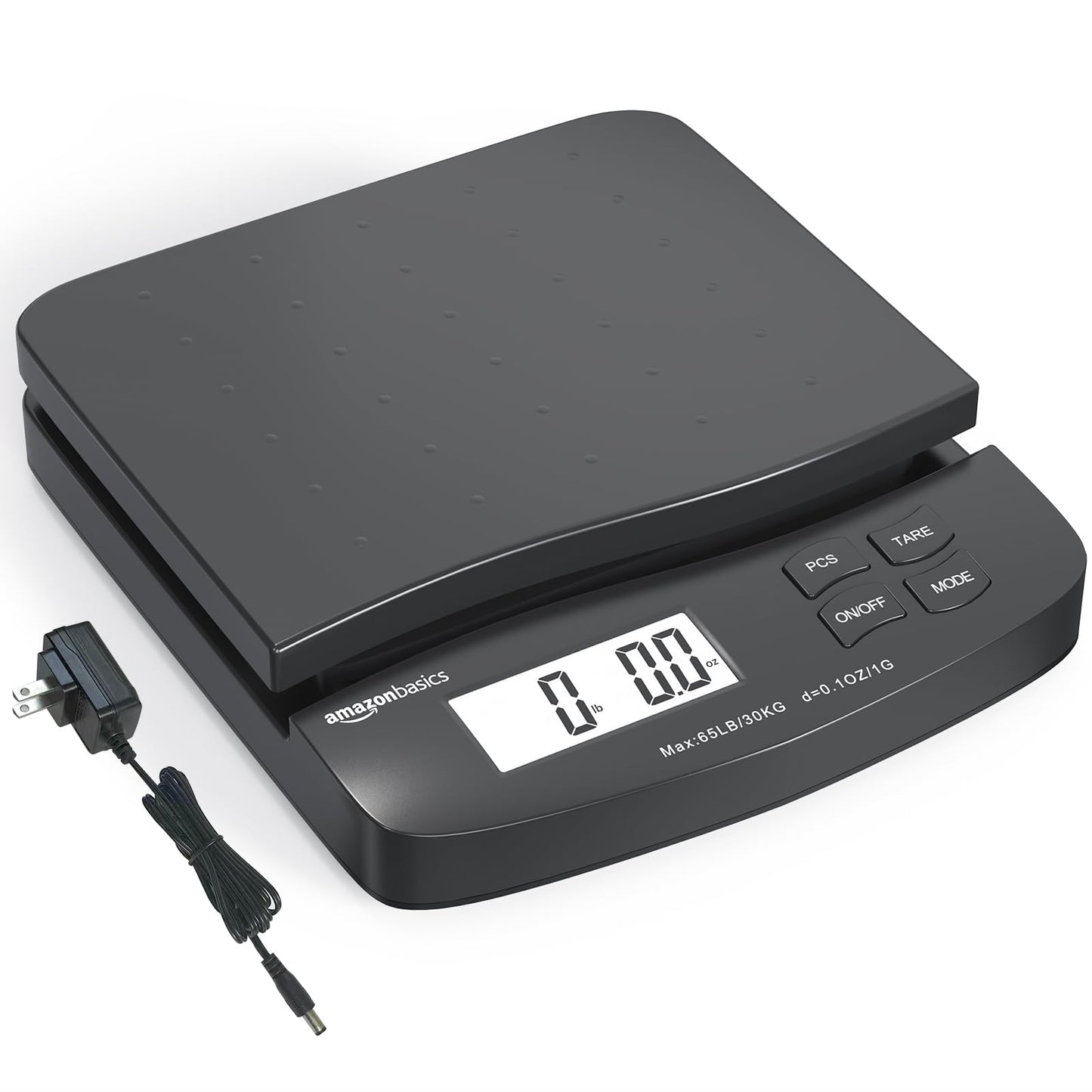 Amazon Basics Digital Postal Shipping Scale with Tare Function, AC Adapter, 65 lb Capacity, 0.1 oz Readability, LCD Display, Black