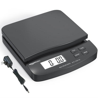 Amazon Basics Digital Postal Shipping Scale with Tare Function, AC Adapter, 65 lb Capacity, 0.1 oz Readability, LCD Display, Black