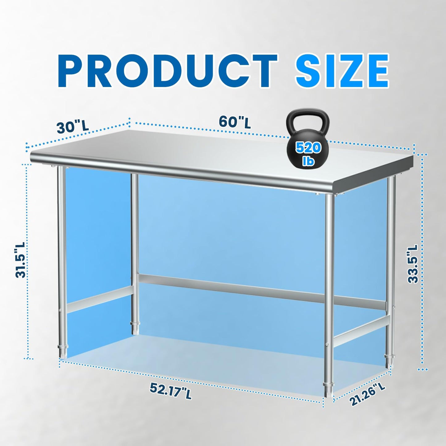 Treshin Stainless Steel Work Table Open Base 30" X 60", Commercial Heavy Duty Prep Table for Kitchen, Restaurant, Home, Hotel, Laundry