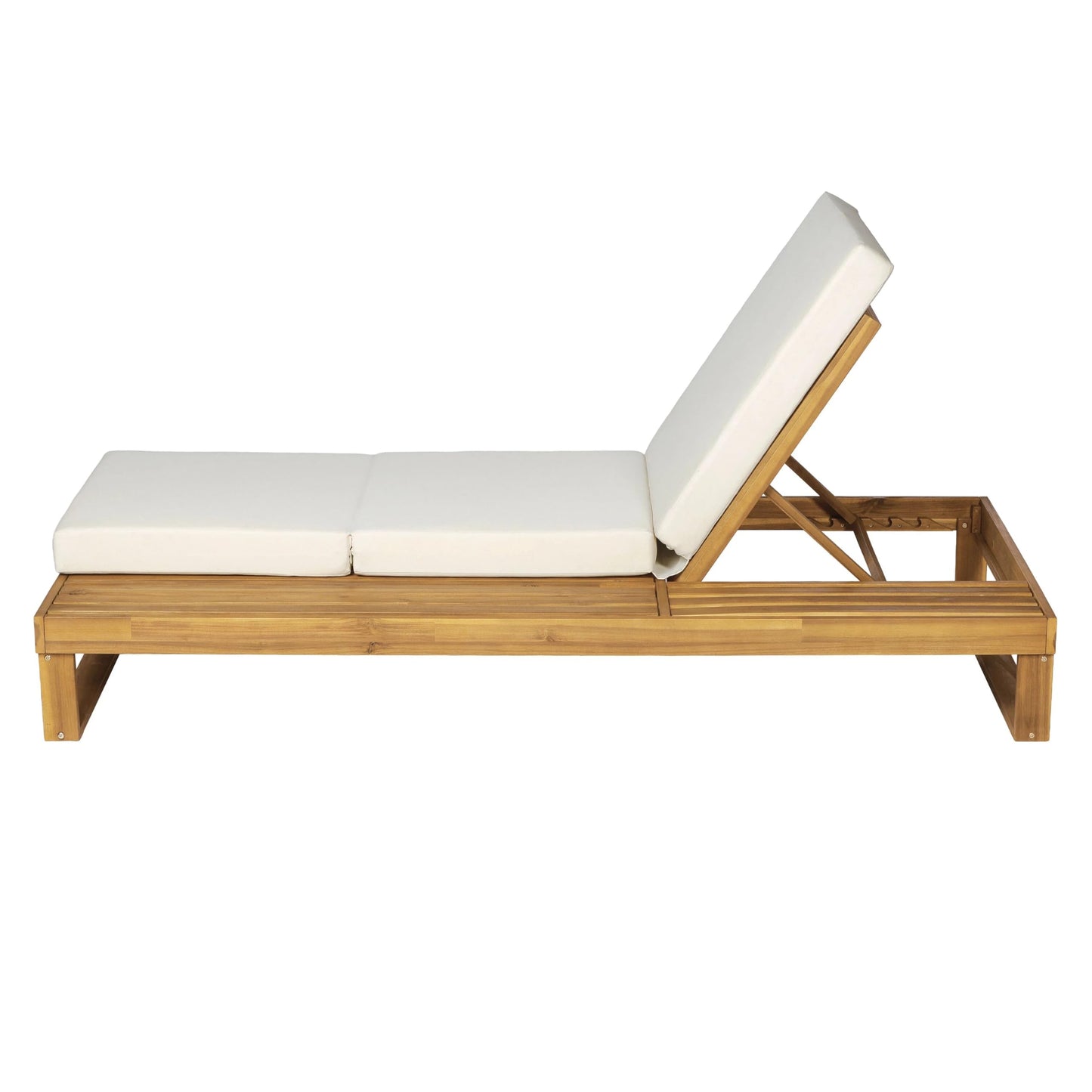 Merax Teak Finish Acacia Wood Chaise Lounge with 4-Inch Cream 3-Fold Water-Resistant Cushion Set, 4-Position Adjustable Outdoor Patio Lounger with Flat Side Surface, for Poolside