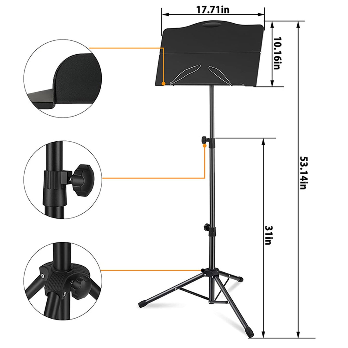 icVantA Portable Music Stand, Sheet Music Stand with Bag & Light, with Folding Tray, Stable, Height Adjustable, Bearing 4kg, for Instrumental Performance & Band & Travel, Easy to Install