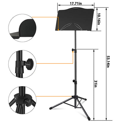 icVantA Portable Music Stand, Sheet Music Stand with Bag & Light, with Folding Tray, Stable, Height Adjustable, Bearing 4kg, for Instrumental Performance & Band & Travel, Easy to Install
