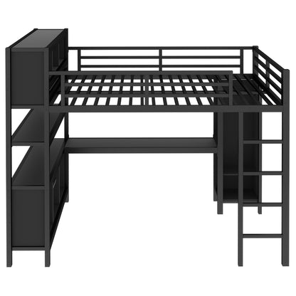 Queen Loft Bed with Wardrobe and Storage Cubes, Queen Size Loft Bed with Desk, Storage Shelf and Guardrail, Queen Size Loft Bed for Adults, Teens, Kids, Black