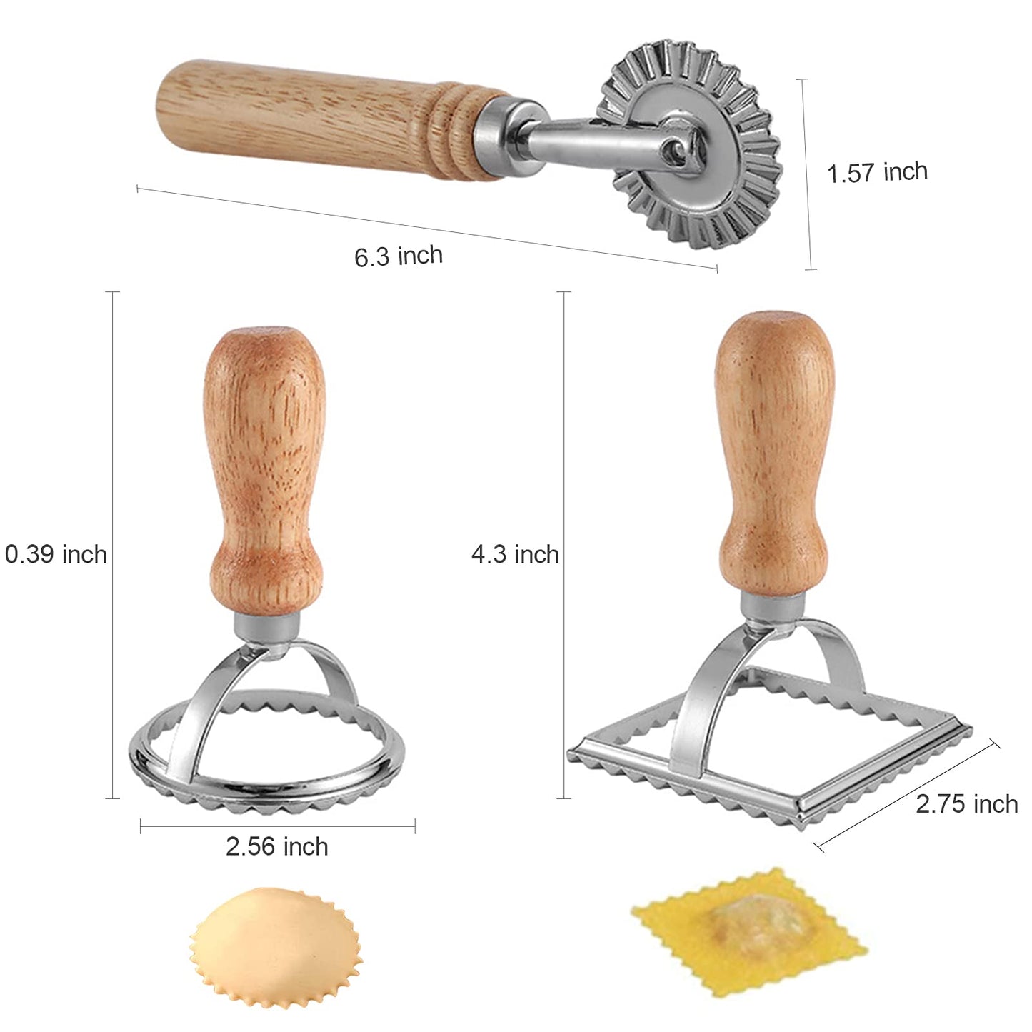 Ravioli Maker Stamp Cutter with Roller Wheel Set, Pasta Maker Mold with Wooden Handle and Fluted Edge, Ravioli Cutter and Press Stamp – for Pasta, Dumplings Lasagna, Pierogi (3 Set with Cutter)