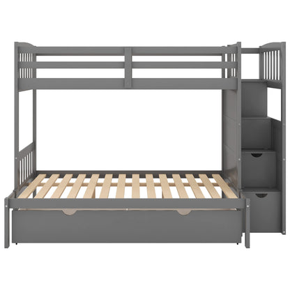 Merax Twin Over Full/Twin Bunk Bed with Stairs & Storage, 3-in-1 Convertible Bottom Bed with Storage Shelves and Drawers, Bunk Bed with Guardrails for Bedroom, Gray