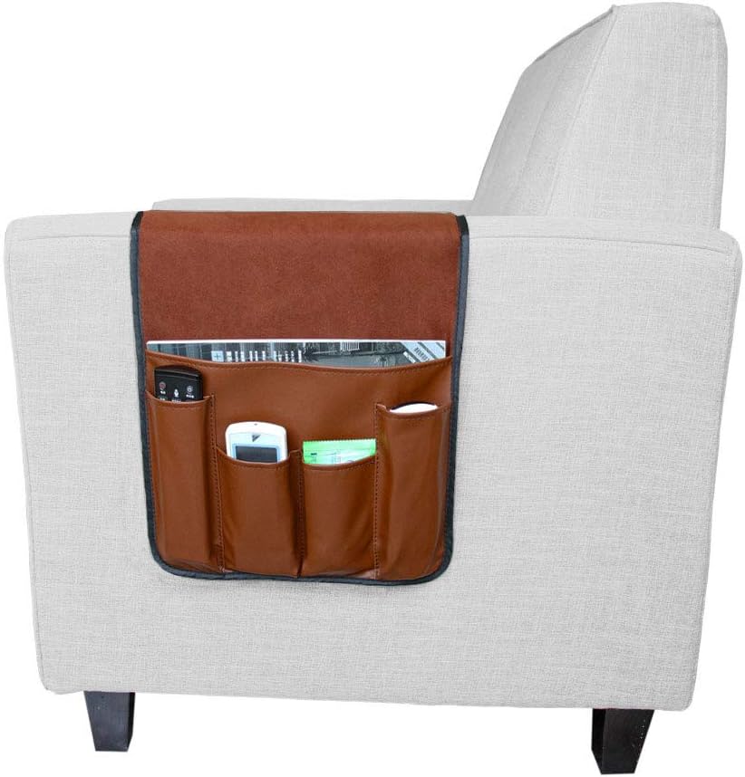 Leather Sofa Armrest Organizer with Pockets, Non-Slip Remote Control Holder for Couch, Armchair, Cell Phones, Magazines