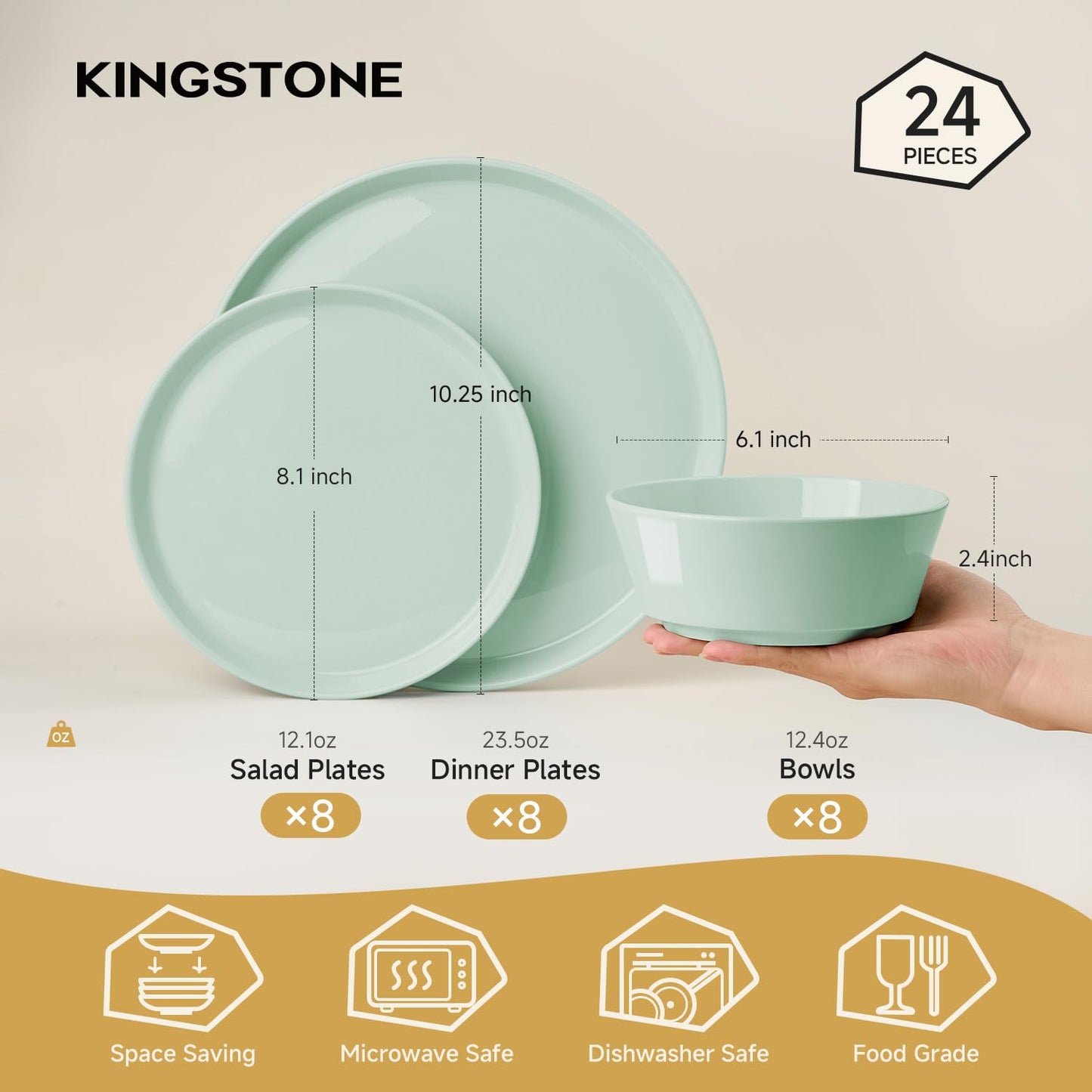 KINGSTONE Bone China Dinnerware Sets for 8, 24-Piece Lightweight Porcelain plates and bowls sets, Scratch Resistant Dish Set, Modern Kitchen Dinner Set, Microwave & Dishwasher Safe, Mint Green