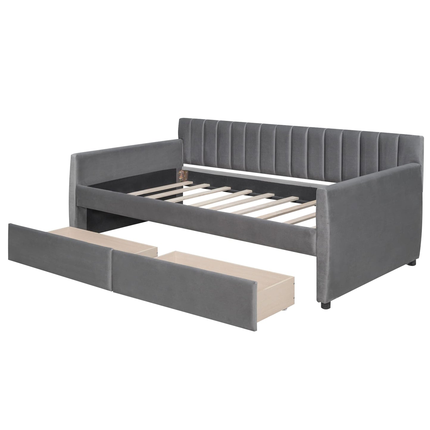 Merax Upholstered Daybed with 2 Drawers, Twin Size Bed Frame with Storage and Wood Slat Support, Gray
