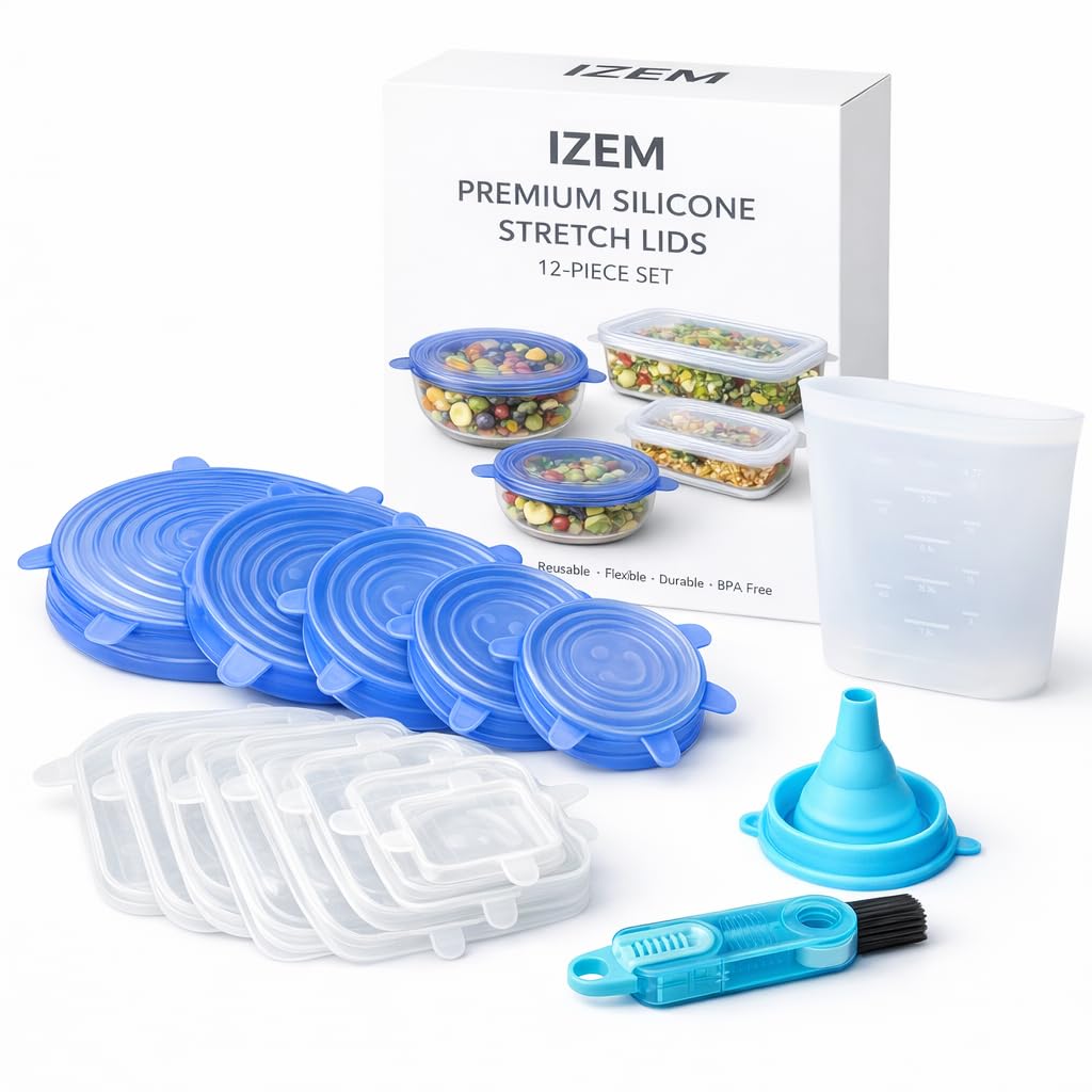 IZEM Premium Reusable Silicone Stretch Lids Set – 12 Pack (6 Round Blue + 6 Rectangle White) BPA-Free, Airtight & Leakproof Bowl Covers + 500ml Silicone Bag, Funnel & Brush