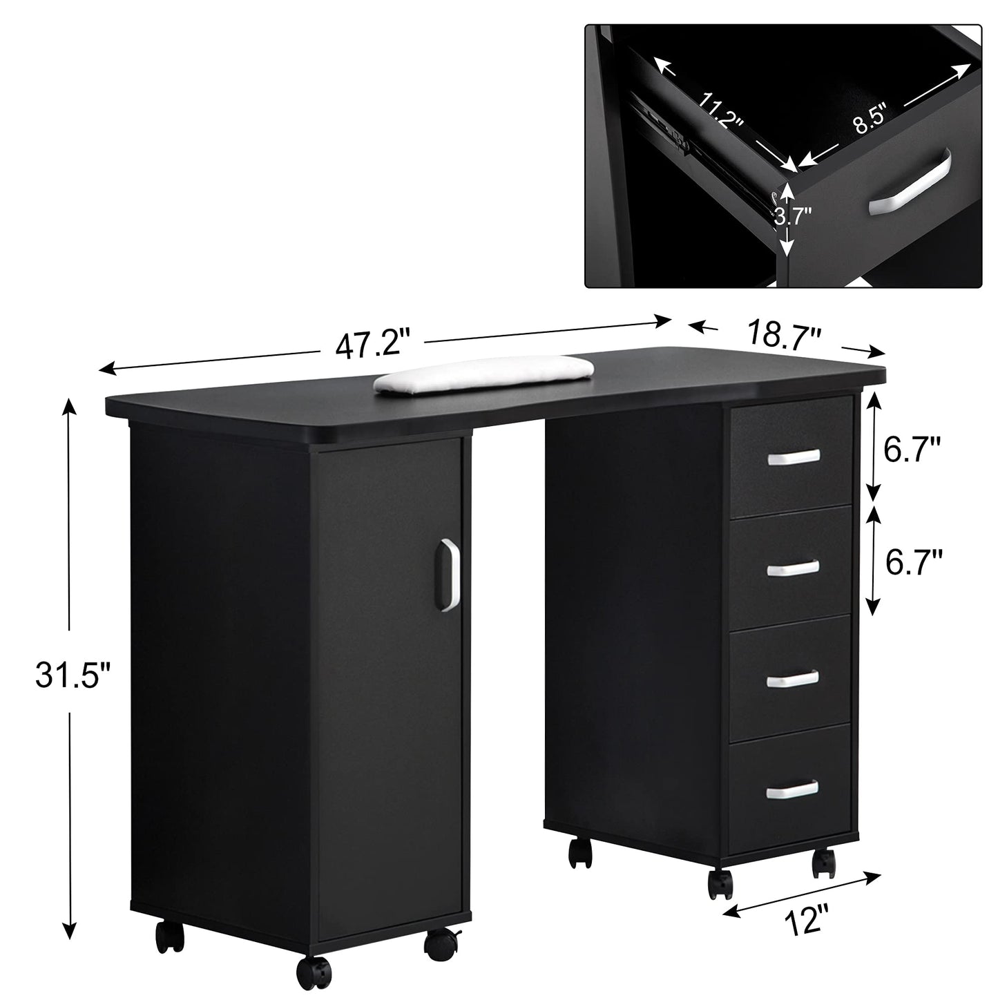 BarberPub Manicure Table, Acetone Resistant Nail Desk, Nail Table with 4 Drawers, 2 Cabinet, Lockable Wheels, Wrist Pad, Nail Desk for Nail Tech, Beauty Salon Black 0611