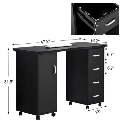 BarberPub Manicure Table, Acetone Resistant Nail Desk, Nail Table with 4 Drawers, 2 Cabinet, Lockable Wheels, Wrist Pad, Nail Desk for Nail Tech, Beauty Salon Black 0611