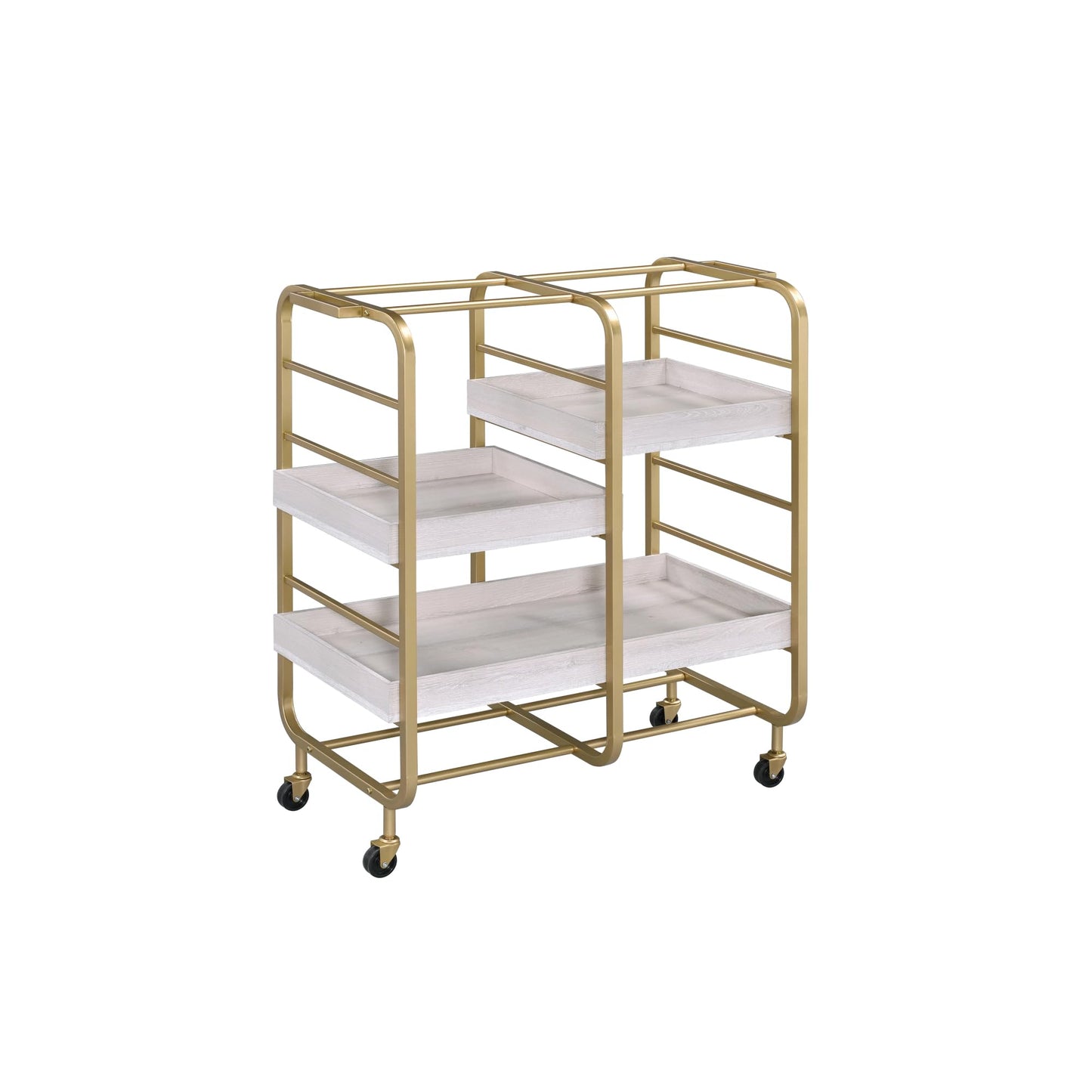 roomfitters Vorrik Gold and White Washed Serving Cart, Glamorous 3-Tier Hollywood Regency Rolling Trolley, 3 Adjustable White Washed Wood Trays