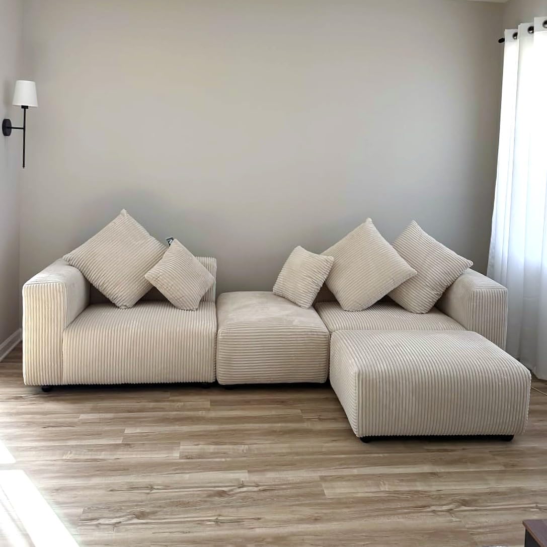 Acanva Corduroy Convertible Modular L Shaped Sectional Sofa, 4 Seater Free Combination Corner Couch, Convertible to DayBed, Wide Loveseat with Moveable Ottomans for Small Spaces, Sleeper Bed, White