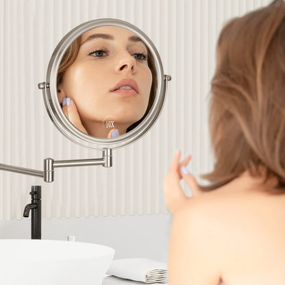 ALHAKIN 9" Wall Mounted Lighted Makeup Mirror, Large Rechargeable 1X/10X Magnifying Mirror with 3 Color Lights Dimmable, 360° Rotation, Nickel
