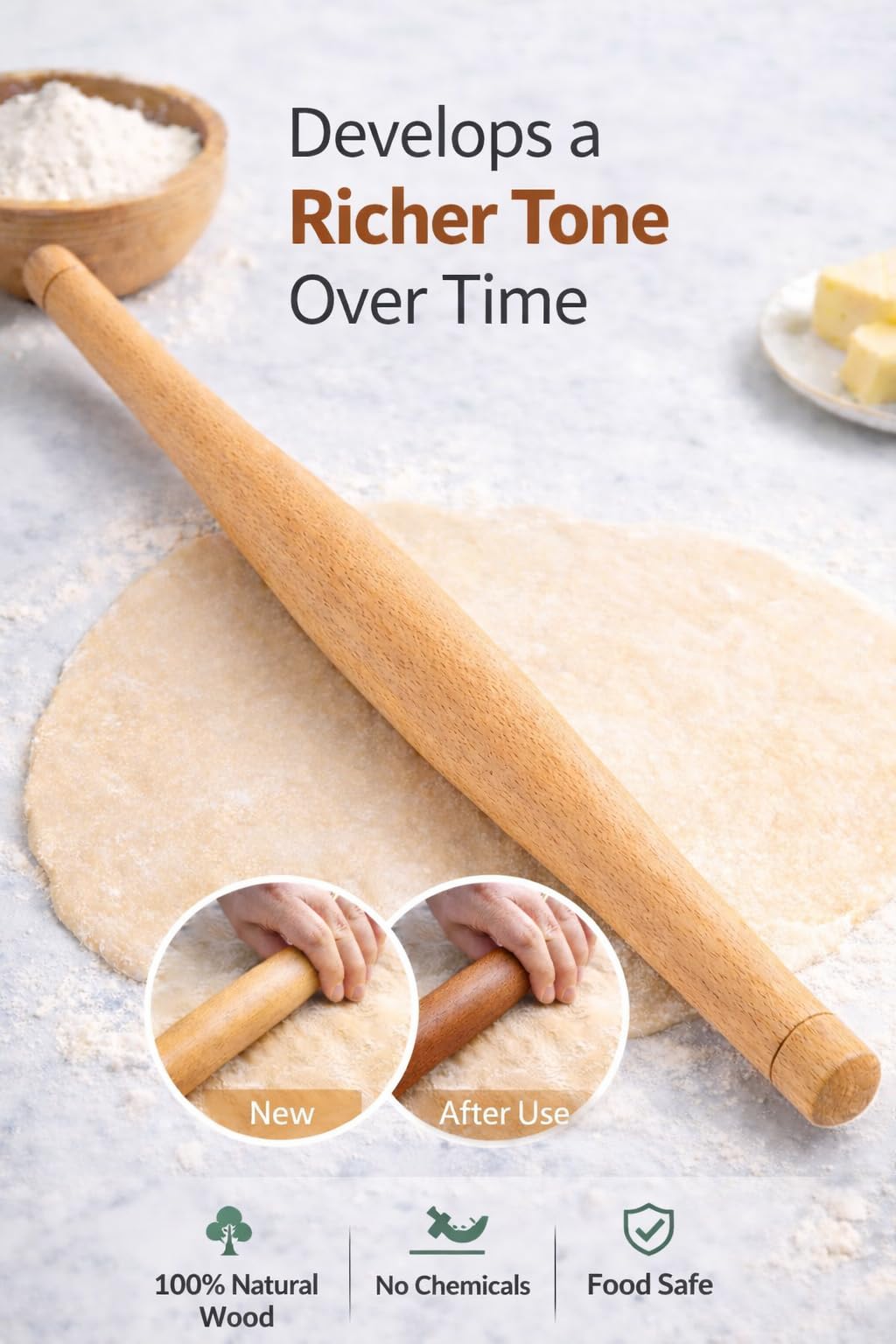 16Inch Professional French Rolling Pin for Baking Premium Sal Hardwood Dough Roller for Pizza Pastry Fondant & Cookies Lightweight Durable & Moisture Resistant Tapered Wood Roller for Kitchen