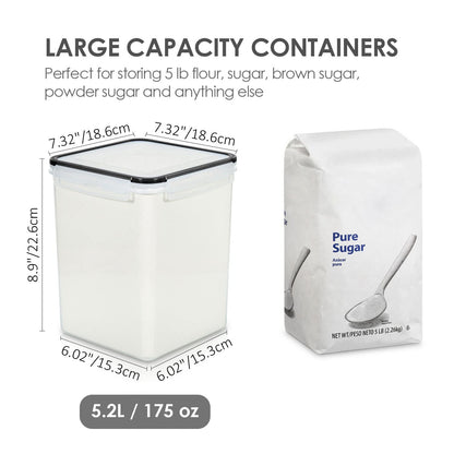 Vtopmart 4 PCS Large Food Storage Containers 5.2L / 175oz, 4 Pieces BPA Free Plastic Airtight Canisters for Flour, Sugar, Baking Supplies, Rice with Lids, 4 Measuring Cups and 24 Labels, Black