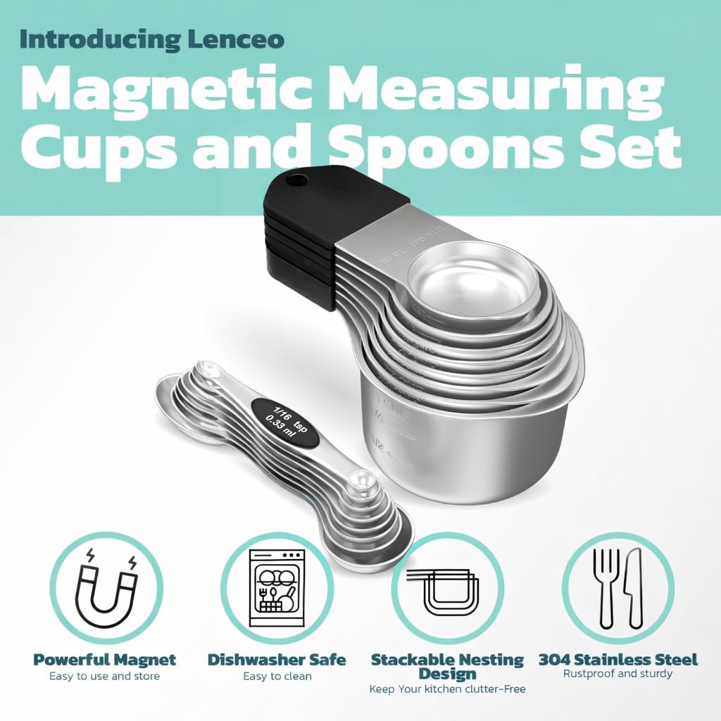 Magnetic Measuring Cups and Spoons Set of 16 - Stackable Stainless Steel Magnetic Measuring Spoons Set with Leveler - Dual Marking Scale Measuring Cup for Dry and Liquid Ingredients (Black)