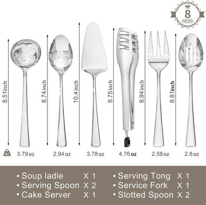 KINGSTONE 8-Piece Serving Utensils Set - Durable 18/10 Stainless Steel | Perfect for Buffets & Parties