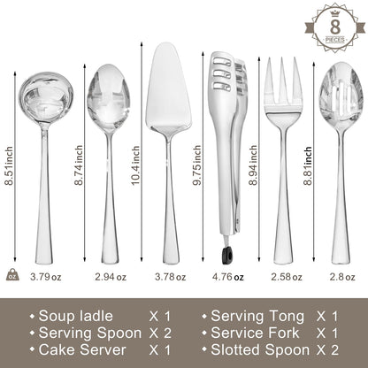 KINGSTONE 8 Piece Serving Utensils Set, 18/10 Stainless Steel Serving Utensils, Slotted Spoon, Serving Spoon, Fork, Tong, Soup Ladle, Cake Server for Buffet, Parties, Kitchen