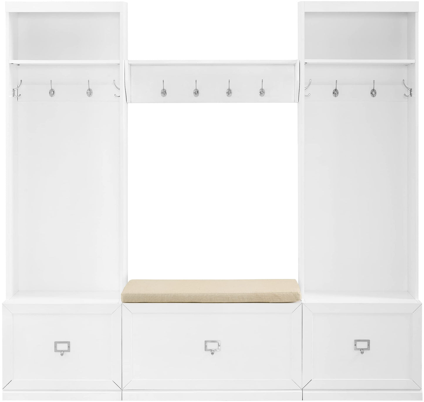Crosley Furniture Harper 4-Piece Hall Tree, Storage Bench, and Wall Shelf Set with Coat Rack Hooks for Hanging, White