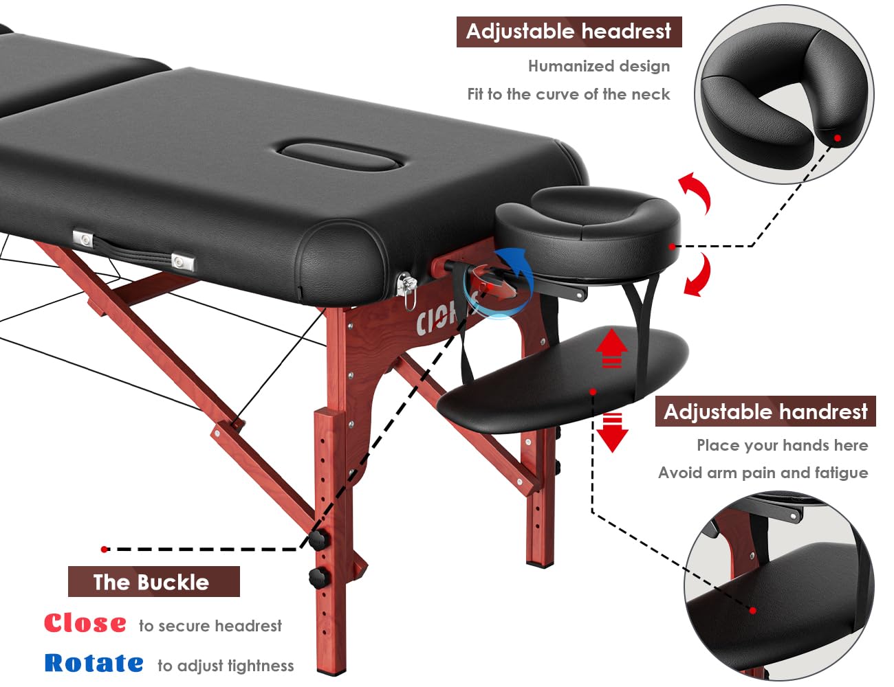 CLORIS 84" Professional Massage Table Portable 3 Folding Lightweight Facial Salon Spa Tattoo Bed Height Adjustable with Carrying Bag & Wooden Leg Hold Up to 1100LBS