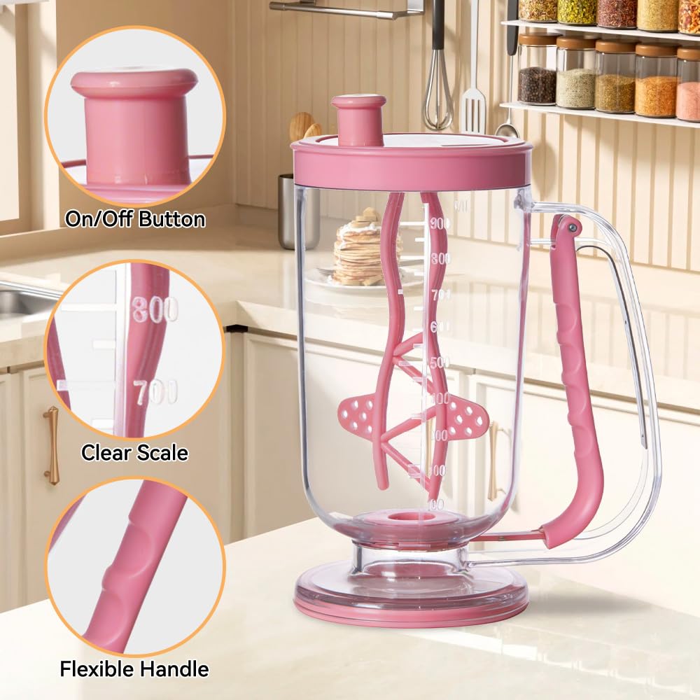 Pancake Batter Dispenser with Built-in Mixer Handle - No-Drip Handheld Funnel for Pancakes, Baking, Waffles, Cupcakes & Muffins - Easy Squeeze Baking Tool for Perfect Portions (Pink with Mixer)