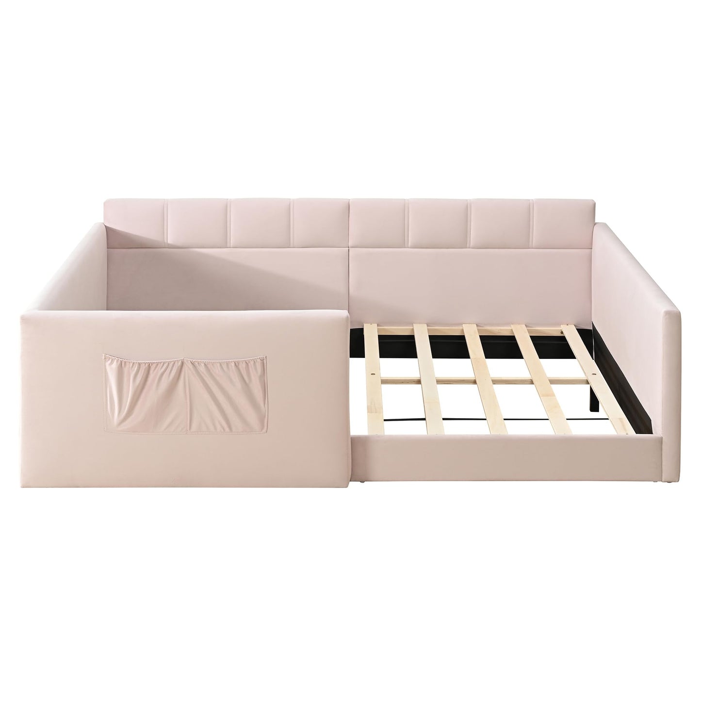 Merax Full Daybed Velvet Upholstered Sofa Bed with High Guardrail and Side Entrance, Space-Saving Full Floor Day Bed with Storage Pockets for Guest Room Apartment, Easy Assembly, Noise-Free, Pink