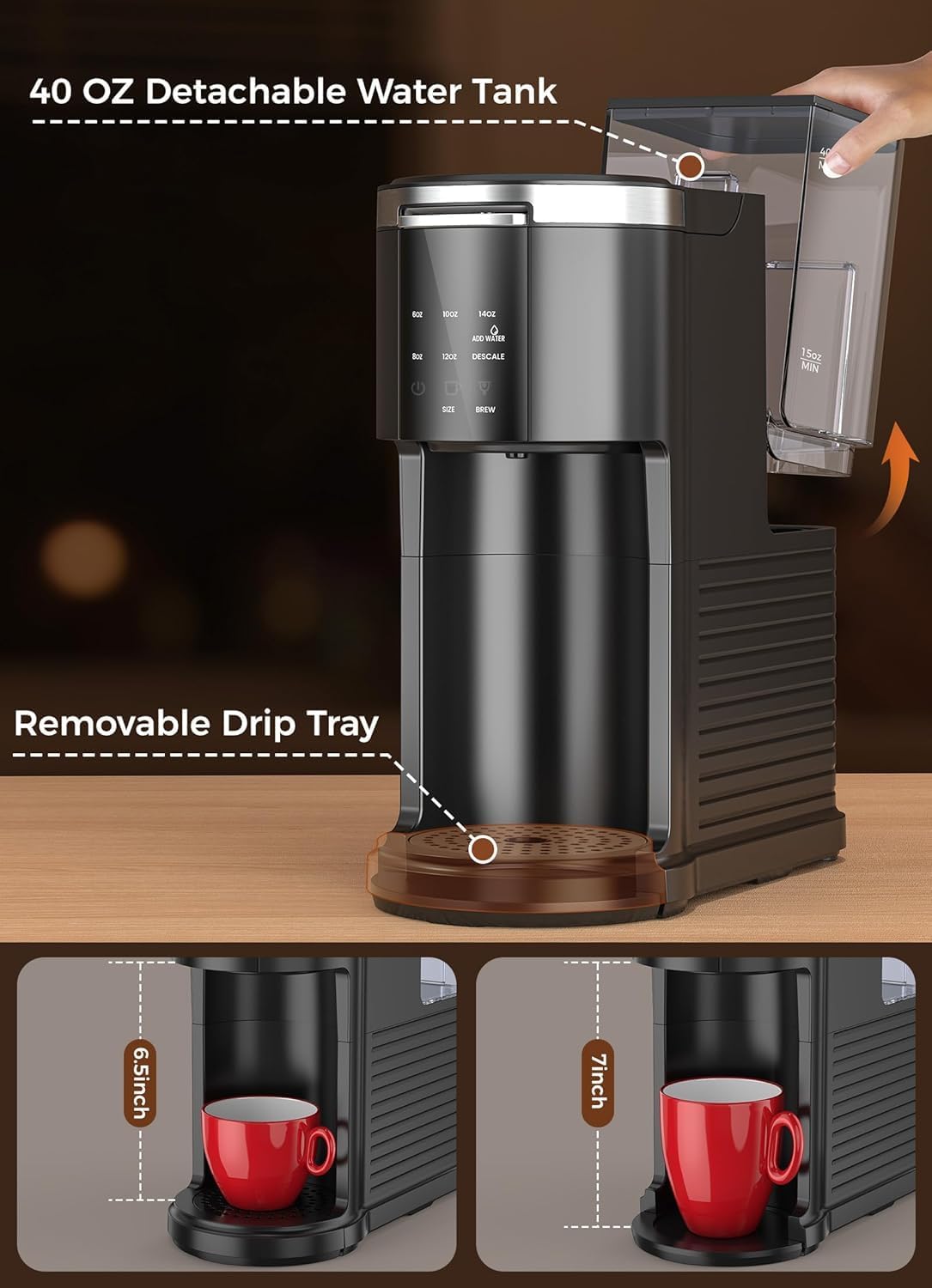 2 1 40 Oz 5 6-14 Oz, Electactic Single Serve Coffee Maker, in Kcup Pod & Ground Coffee Brewer, Removable Water Tank