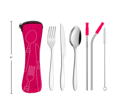 Travel Utensils Set with Case 4 Pack, Reusable Stainless Steel Portable Cutlery (Fork, Spoon, Knife, Straws & Cleaner) for Work, Dorm, Camping, Lunch Box, Compact Durable Silverware by Ecoberi
